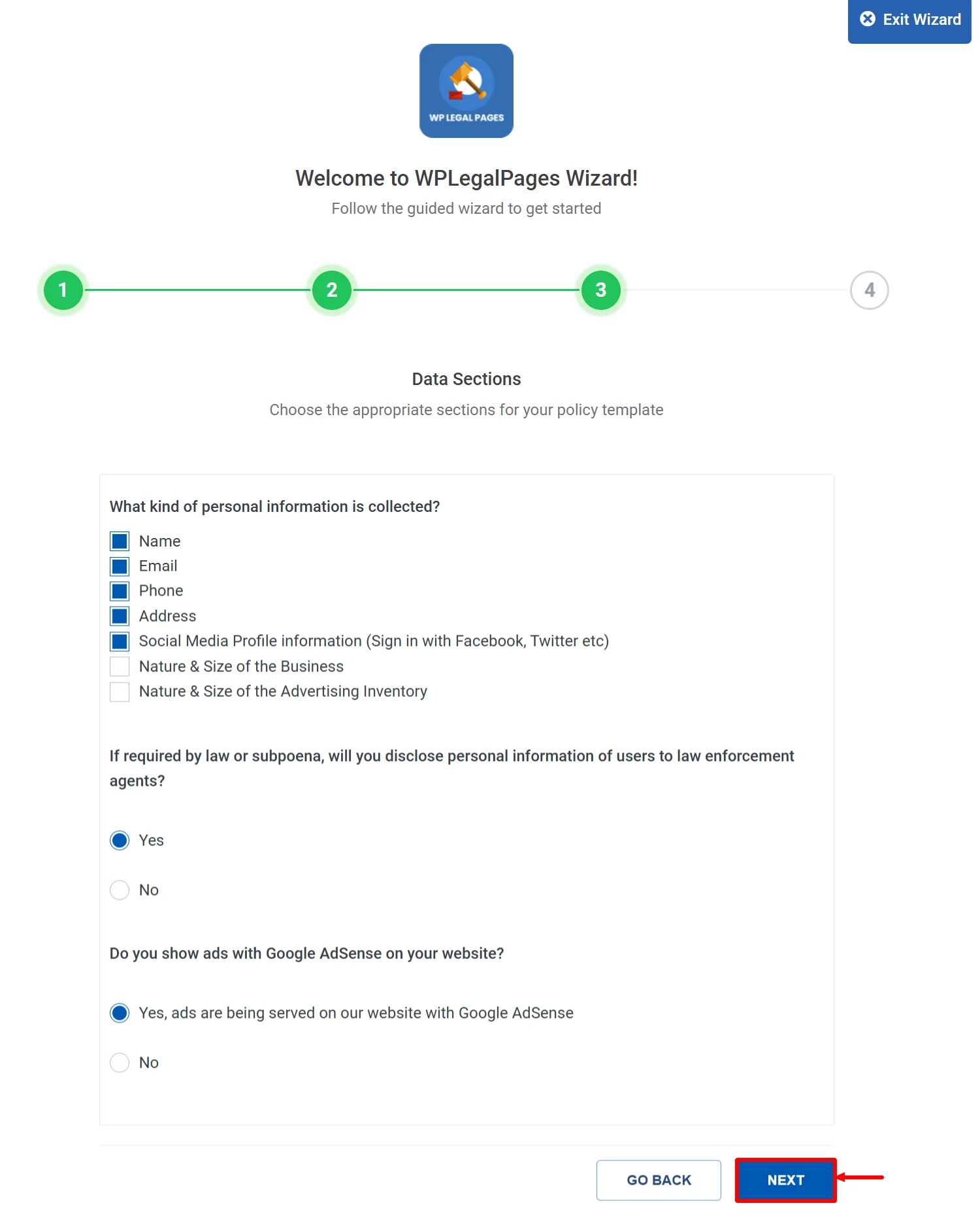 Selecting the appropriate section for the privacy policy.