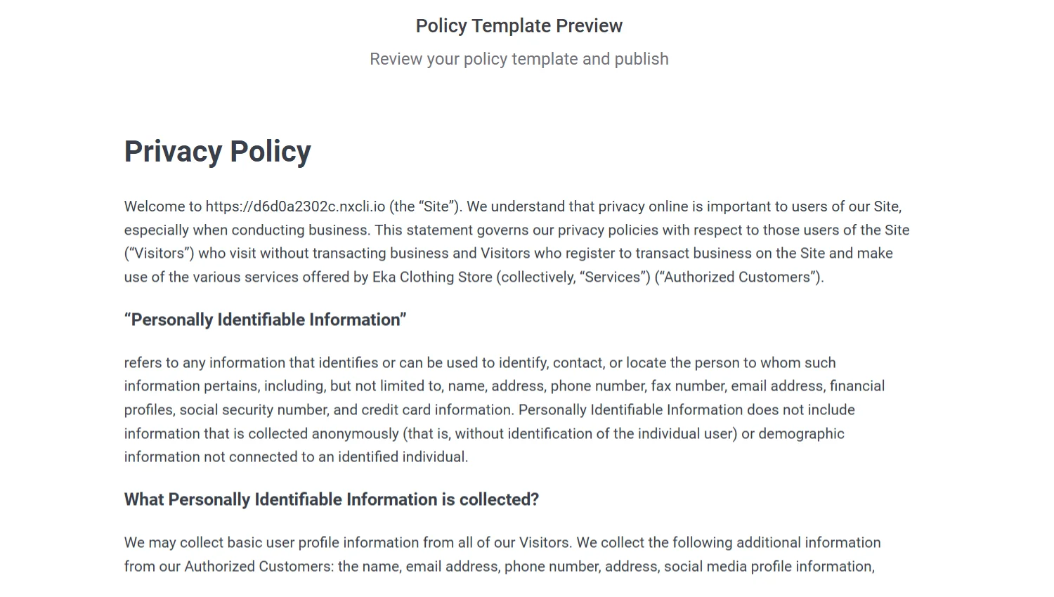 Preview of the privacy policy template.