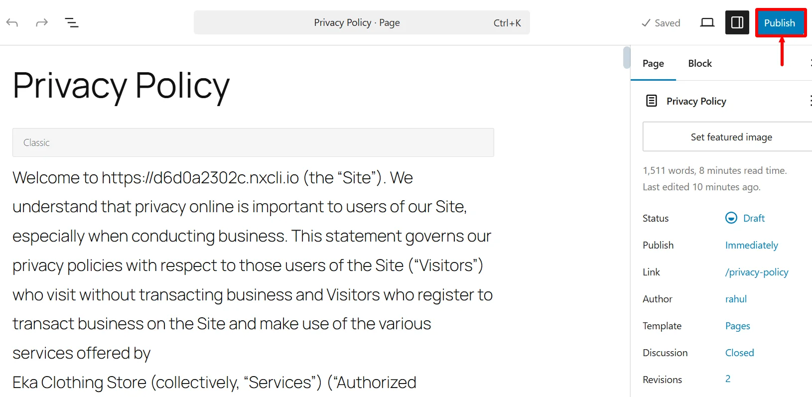 Publish the privacy policy page by clicking on the 'Publish' button.