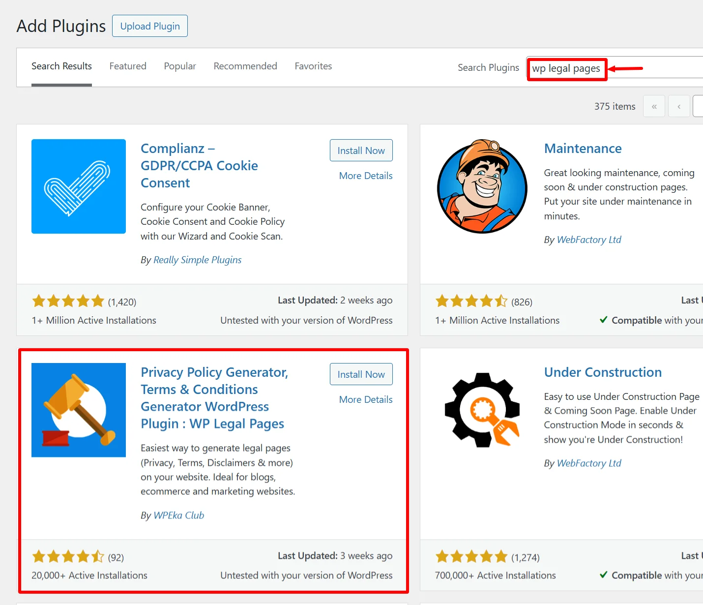Typing "wp legal pages" in the search bar.
