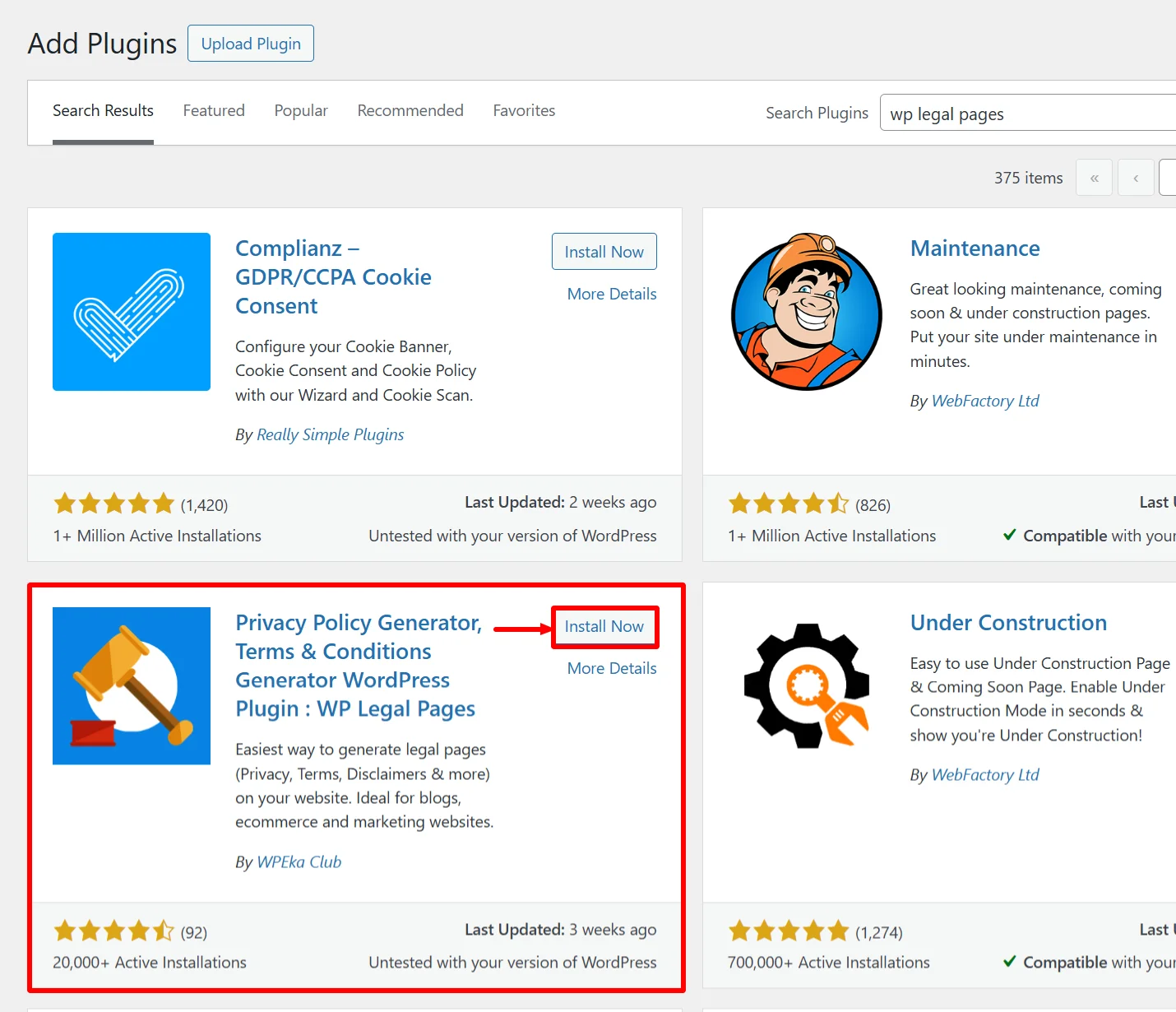 Installing the WP Legal Pages plugin by click on 'Install Now'.