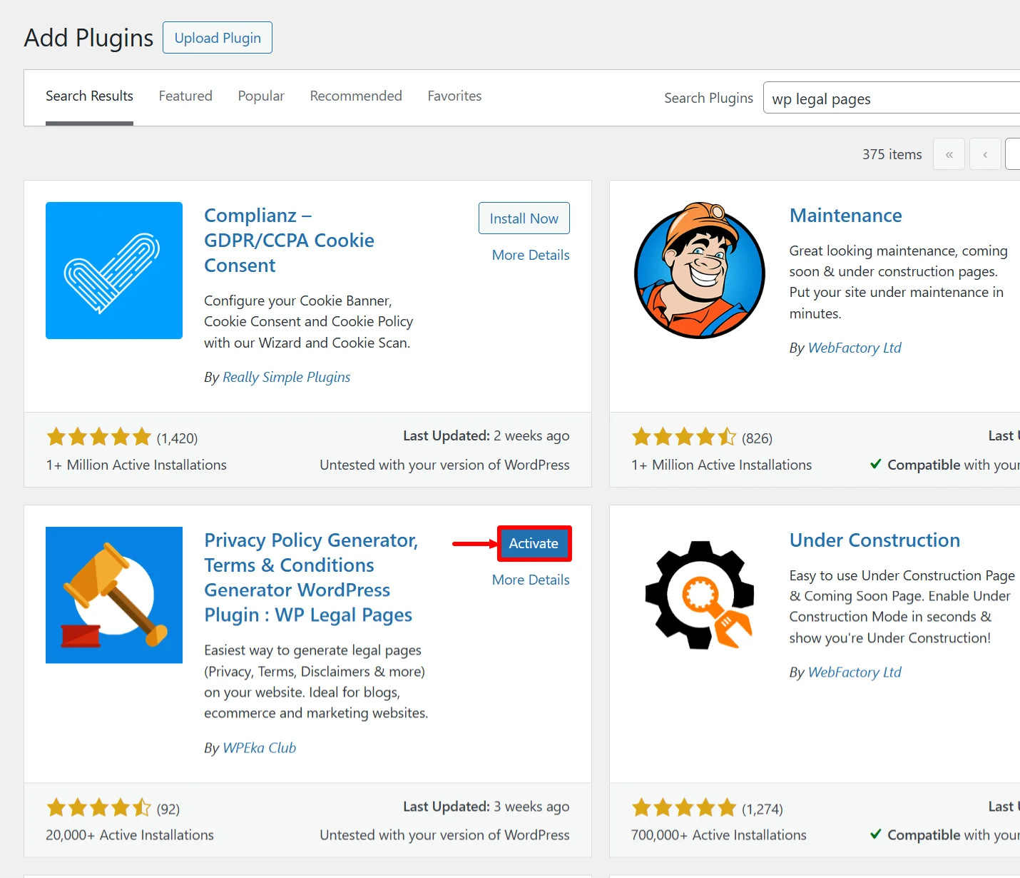 Activating the WP Legal Pages plugin by clicking on 'Activate'.