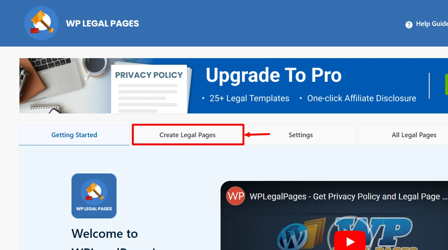 Clicking on the 'Create Legal Pages' section.