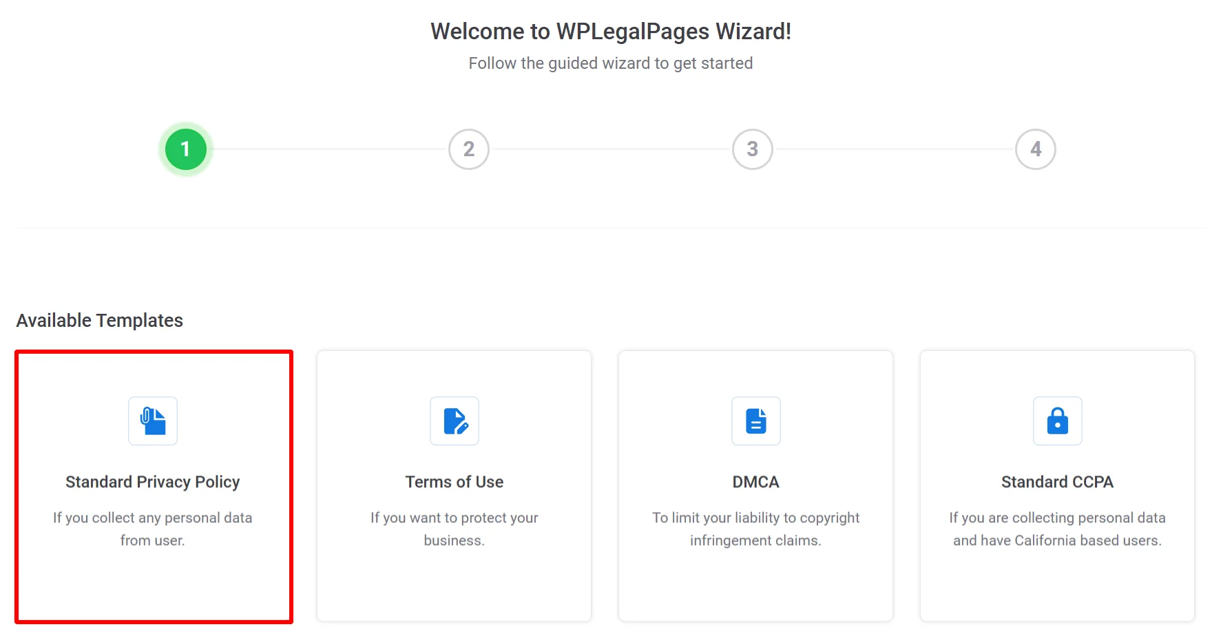 Choosing the Standard privacy policy template.