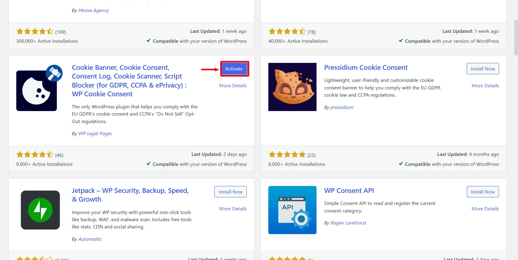 Activating the WP Cookie Consent Plugin
