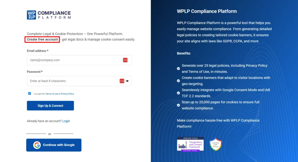 Creating an account for IAB TCF compliance with WP Cookie Consent