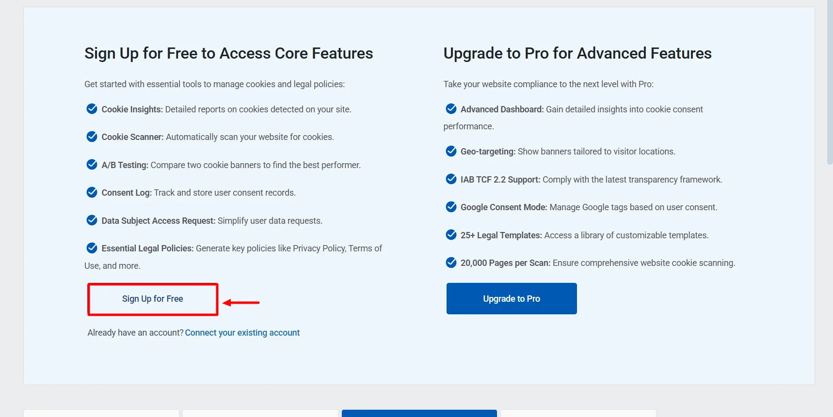 Creating an account with WP Cookie Consent