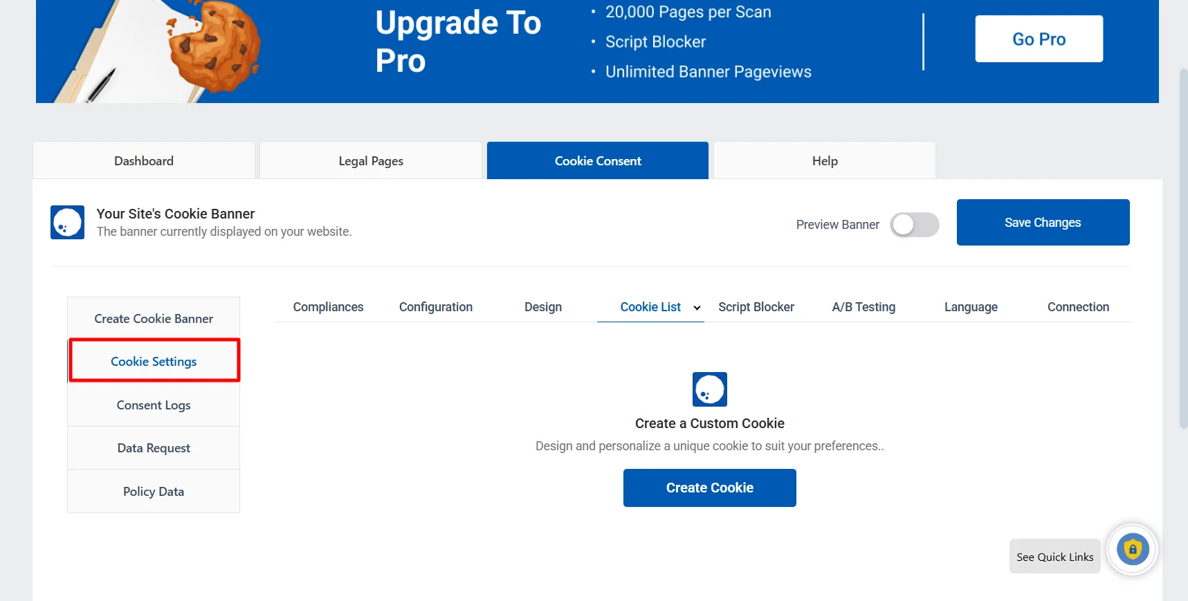 clicking on cookie settings