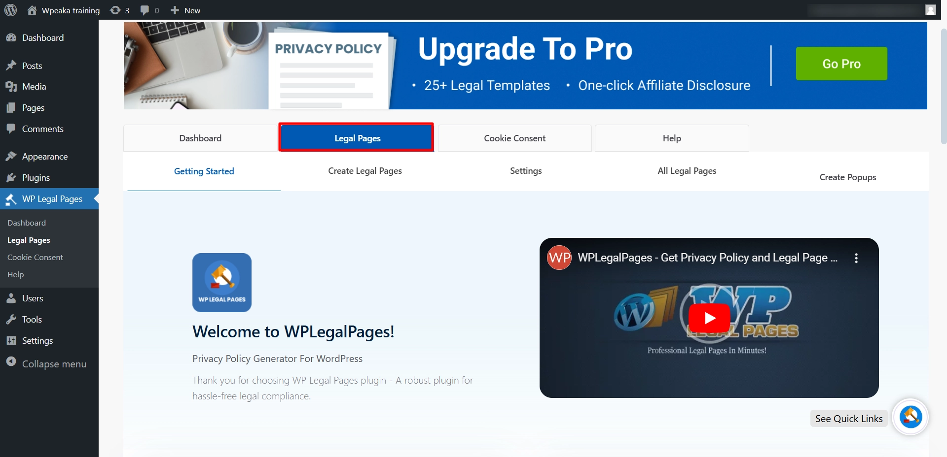 Click on legal pages- adding GDPR privacy policy