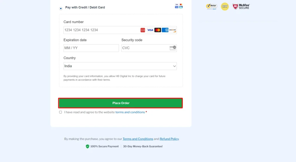 Clicking on place order button