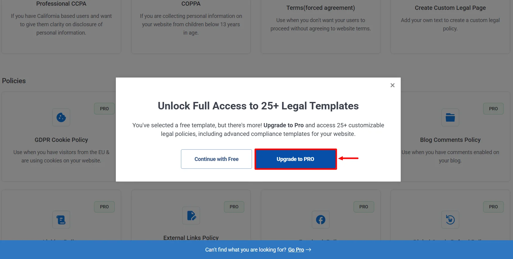 Clicking on upgrade to pro