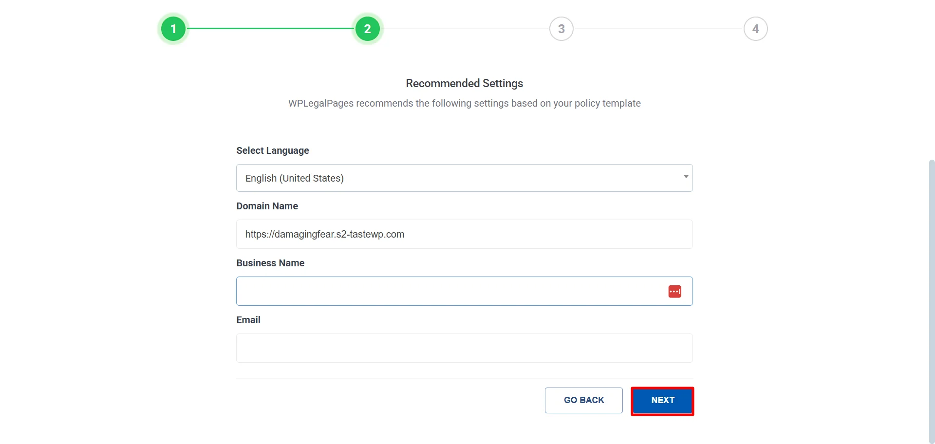Fill details and click on Next for adding a GDPR privacy policy