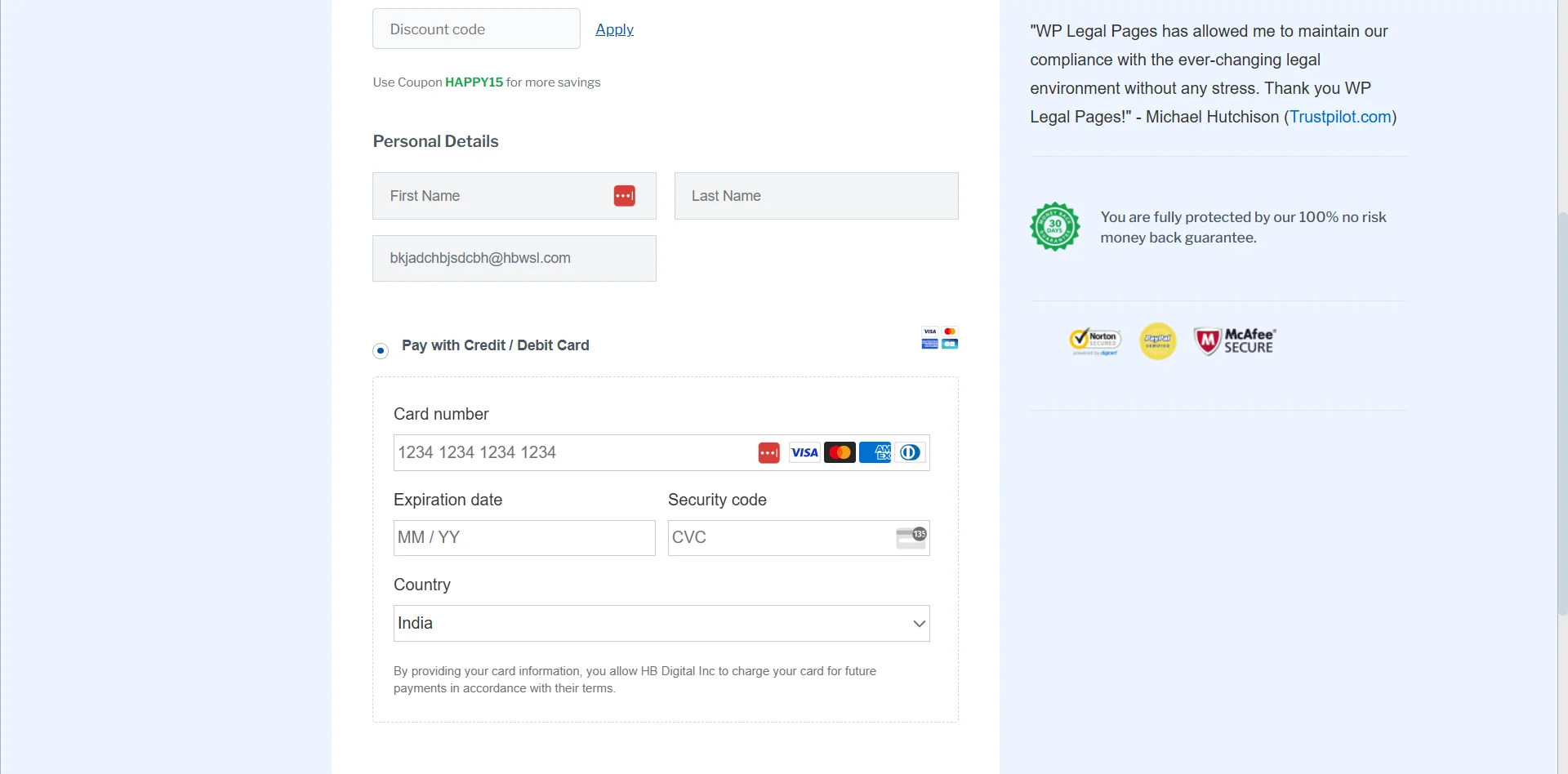 Filling Details for purchasing the pro plan