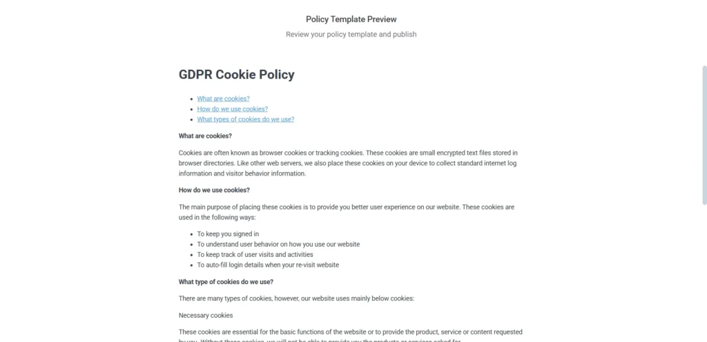 Template preview of - GDPR cookie policy