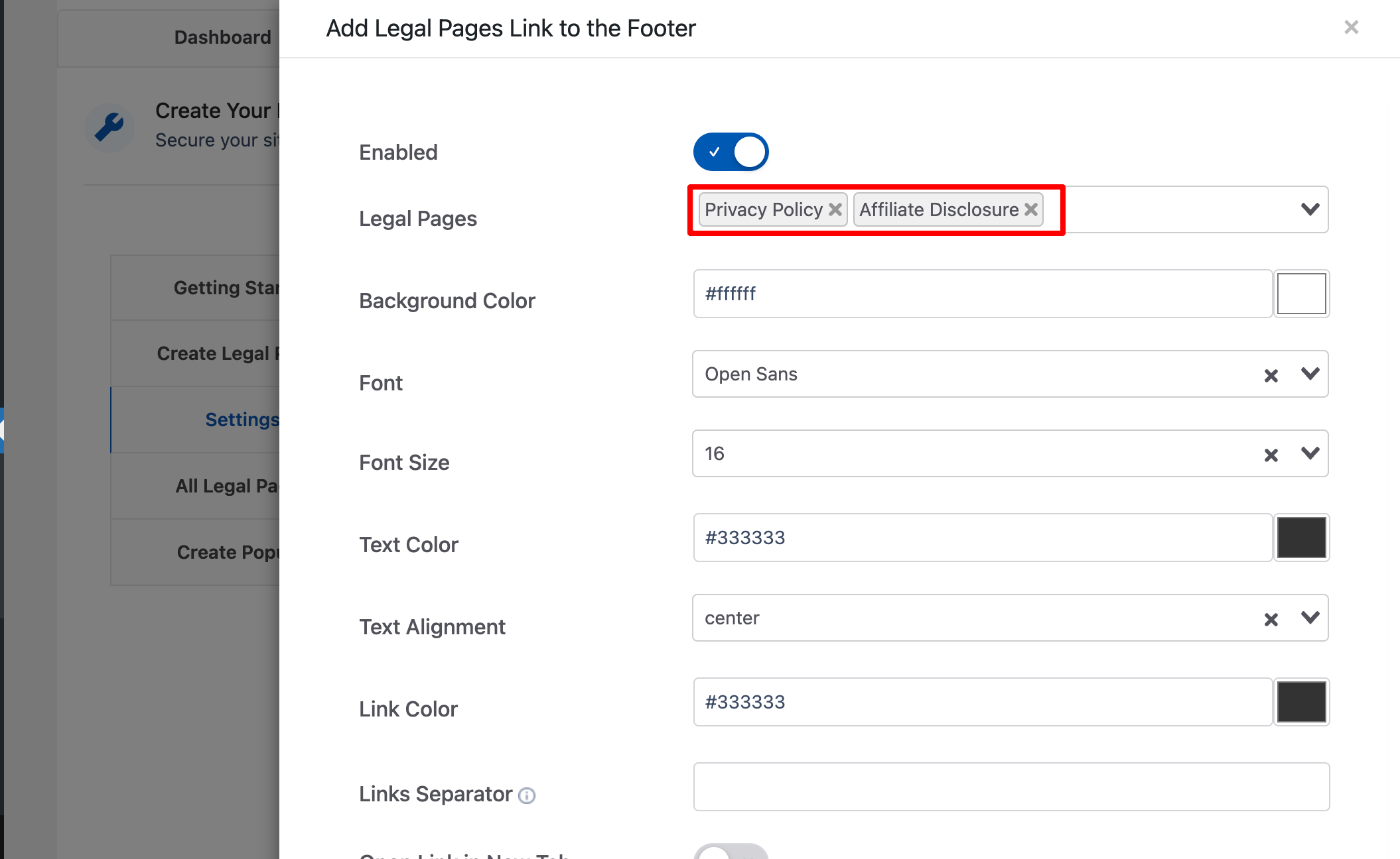 Selecting Legal pages