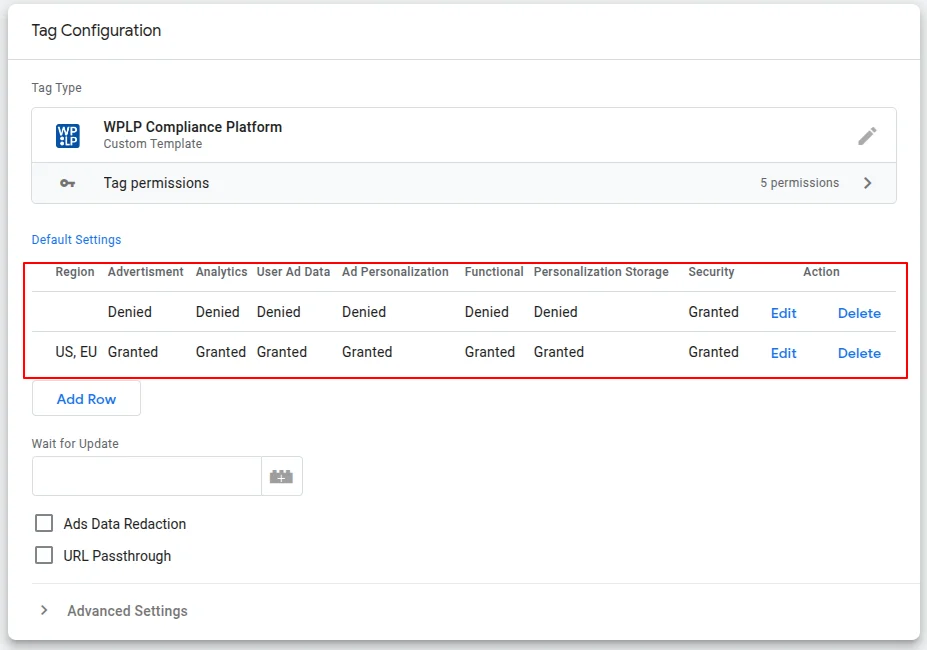 Add multiple rows for different default consent states by region.