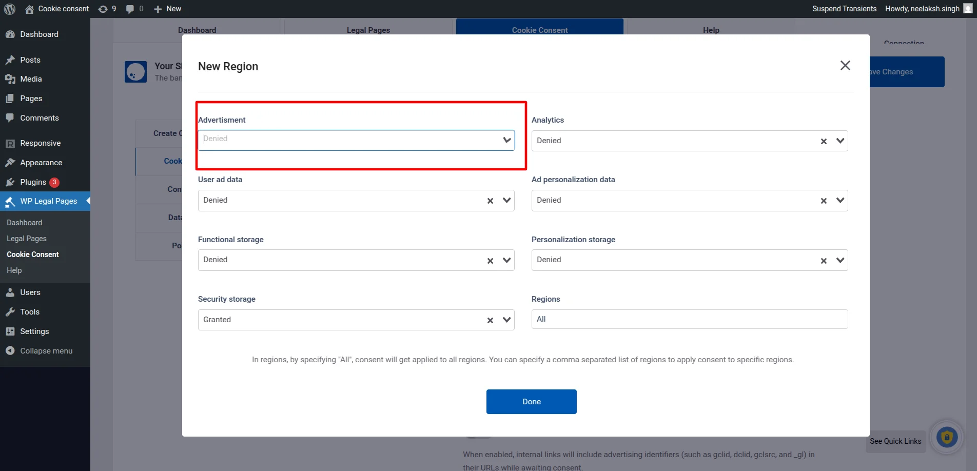 Choose Granted or Denied for each cookie category as needed.