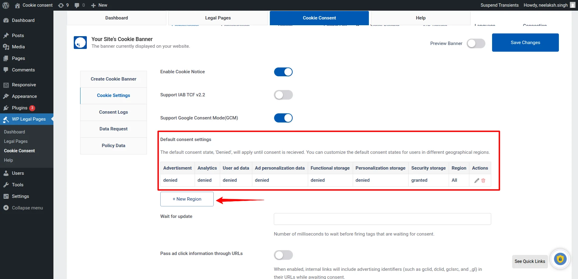 Default settings set to Denied for all regions; click +New Region to add a row.