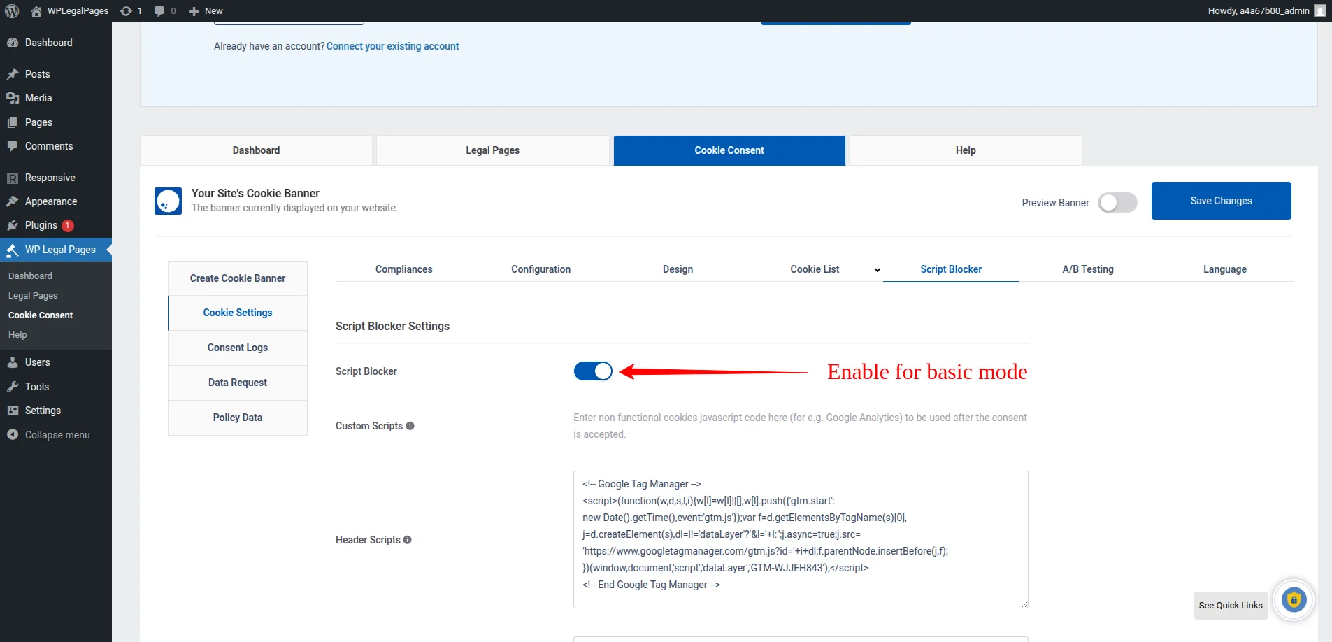 Enable Script Blocker for Basic Mode; keep it disabled for Advanced Mode in Google Consent Mode.