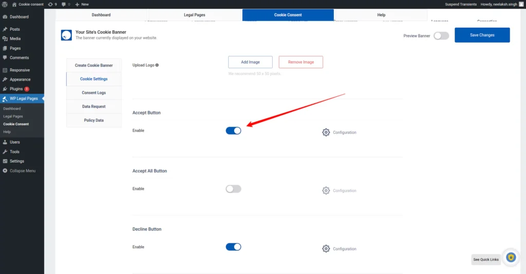 Enable accept button on cookie banner