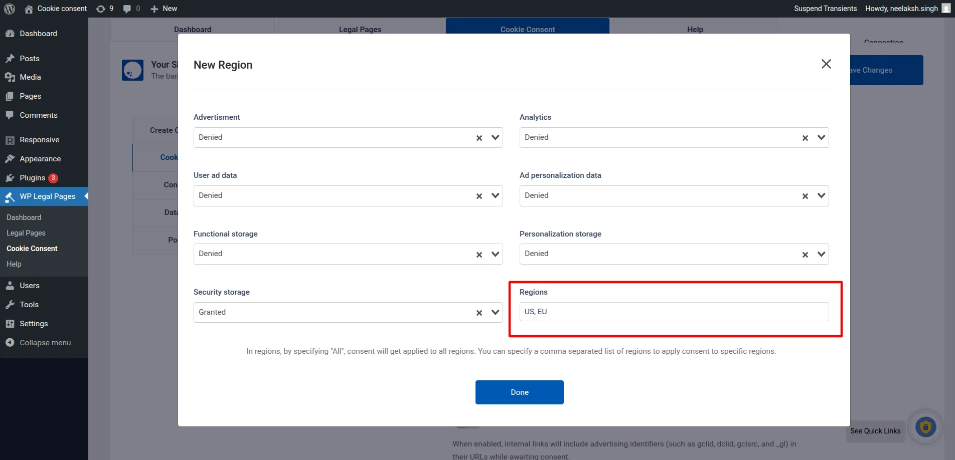 Enter ISO 3166-2 codes to set geo-targeted regions, then click Done to save.