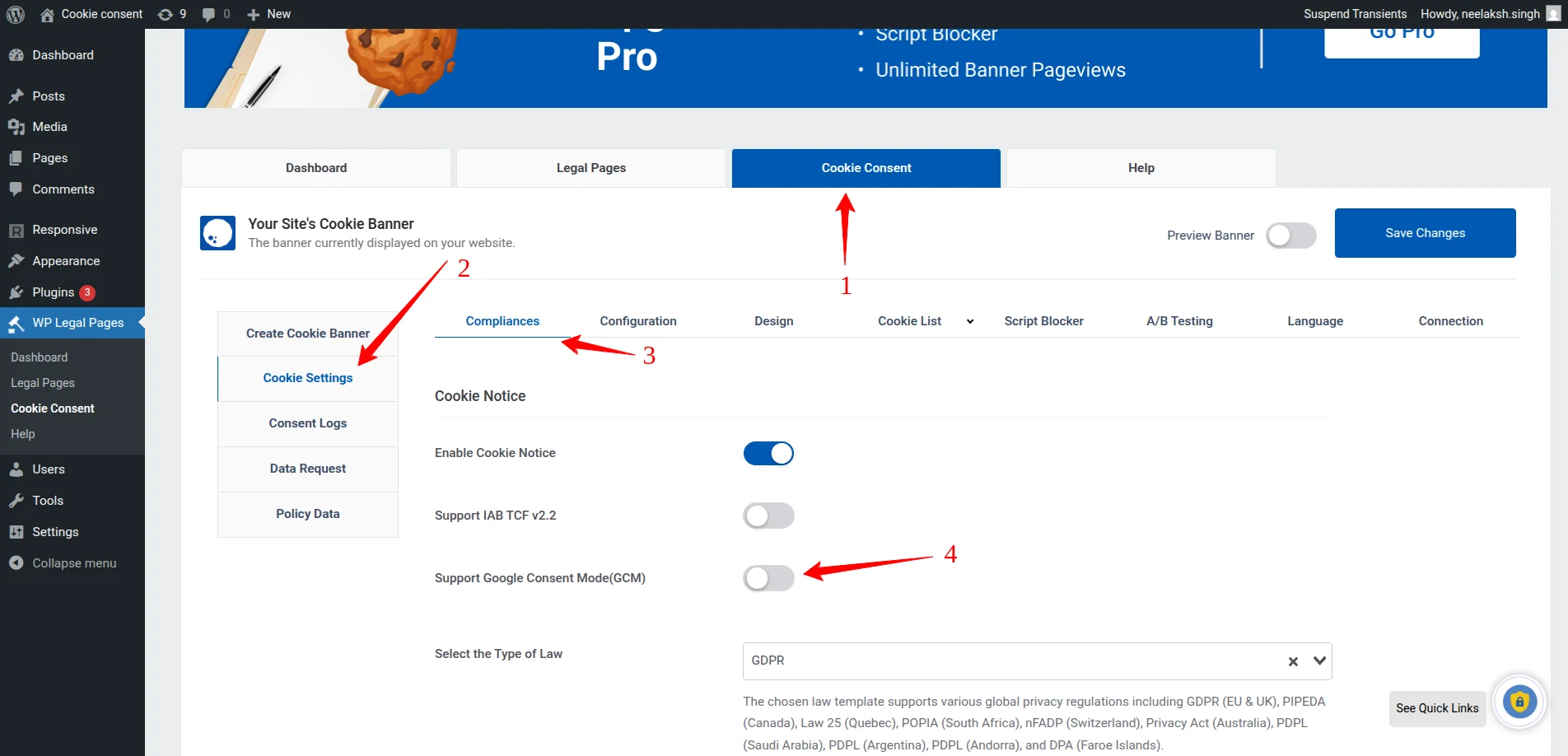Go to Cookie Settings Compliances and enable Google Consent Mode toggle.