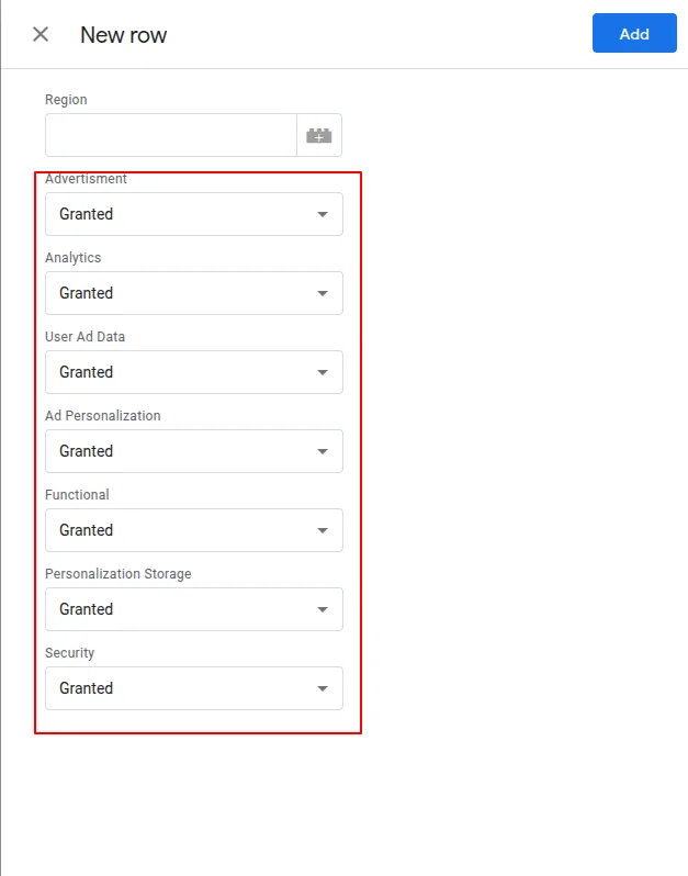 Select Granted or Denied for each cookie category from the dropdown.