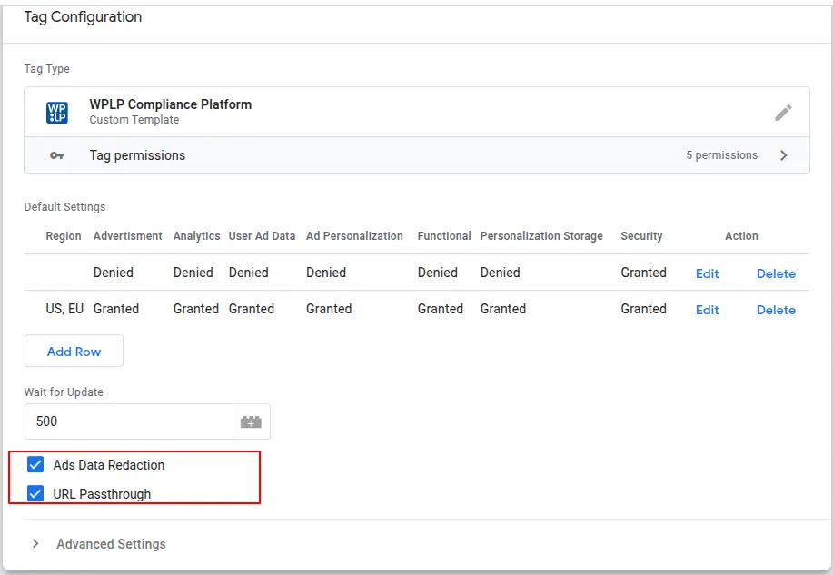 Set Ads Data Redaction and URL Passthrough parameters to true if needed.