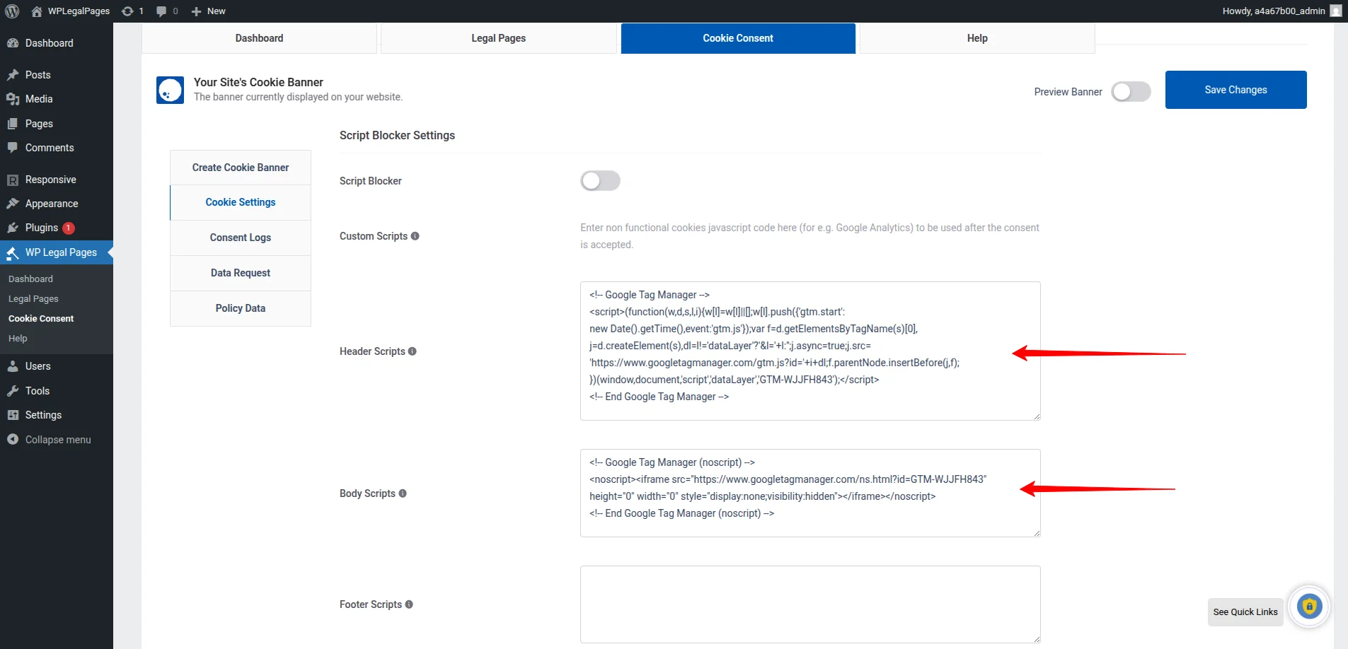 Set up GTM by pasting header and body scripts in Script Blocker; remove other GTM integrations.