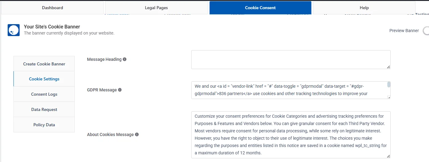 Setting up compliance message 