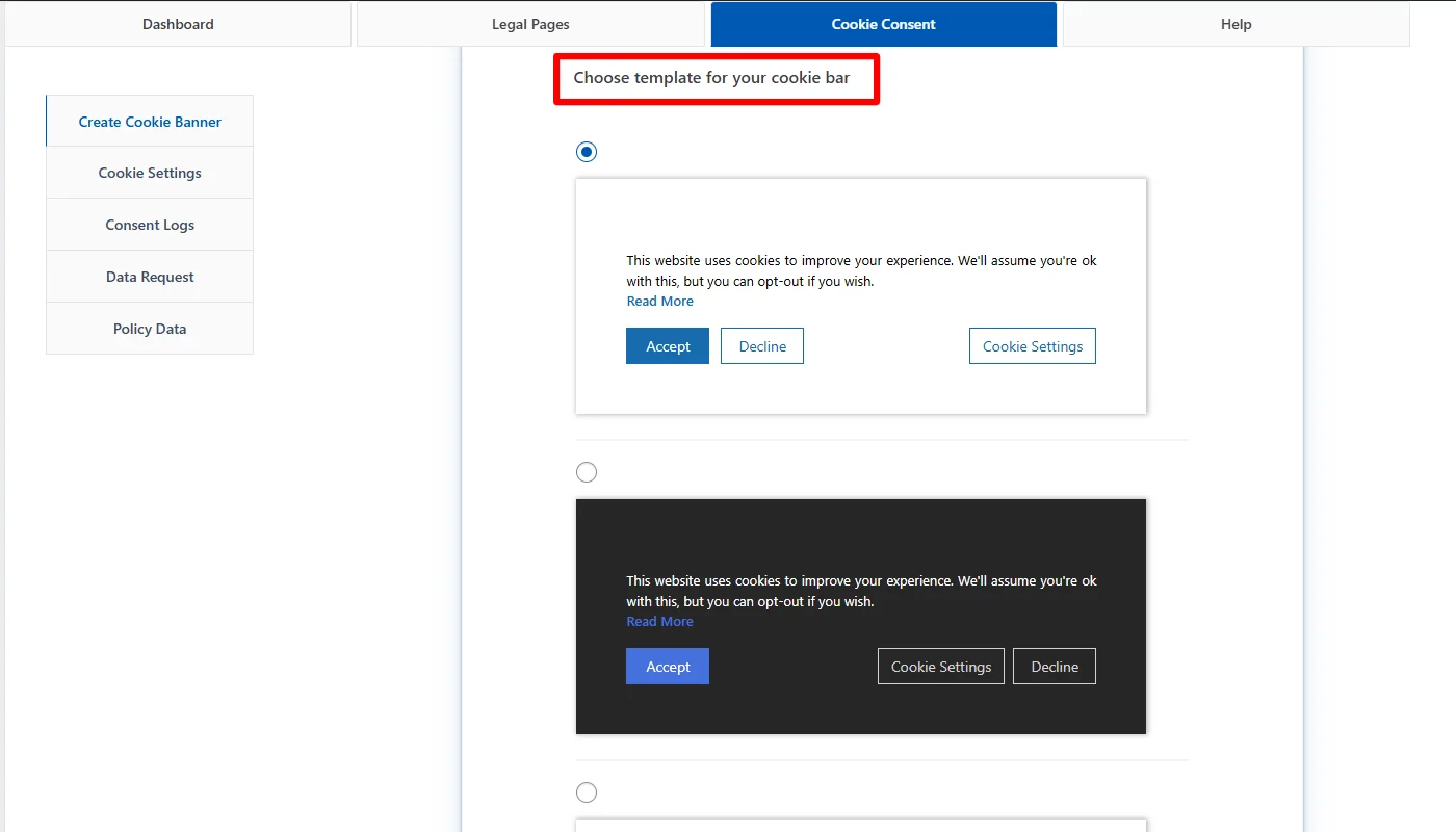 Selecting cookie banner template