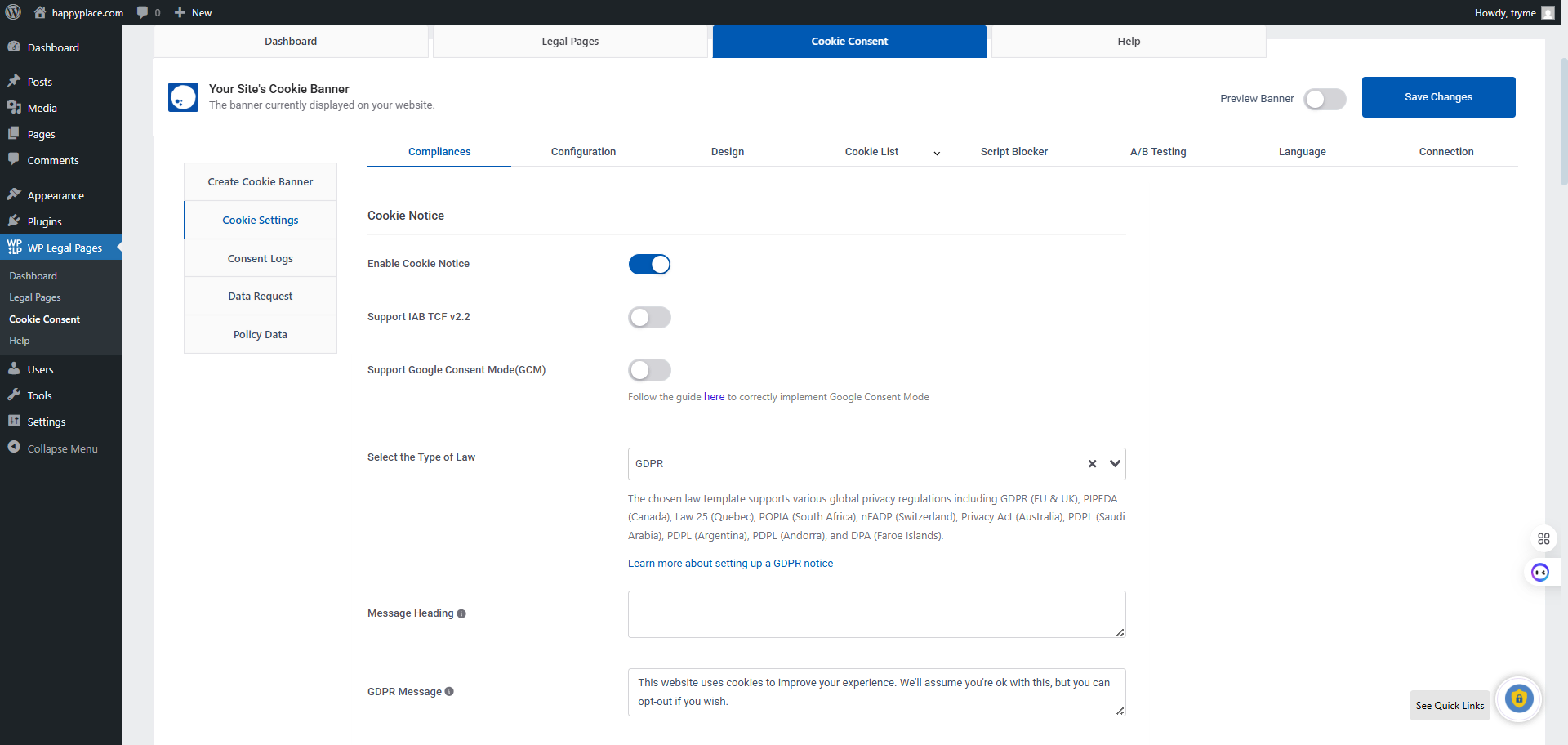 cookie banner compliance settings