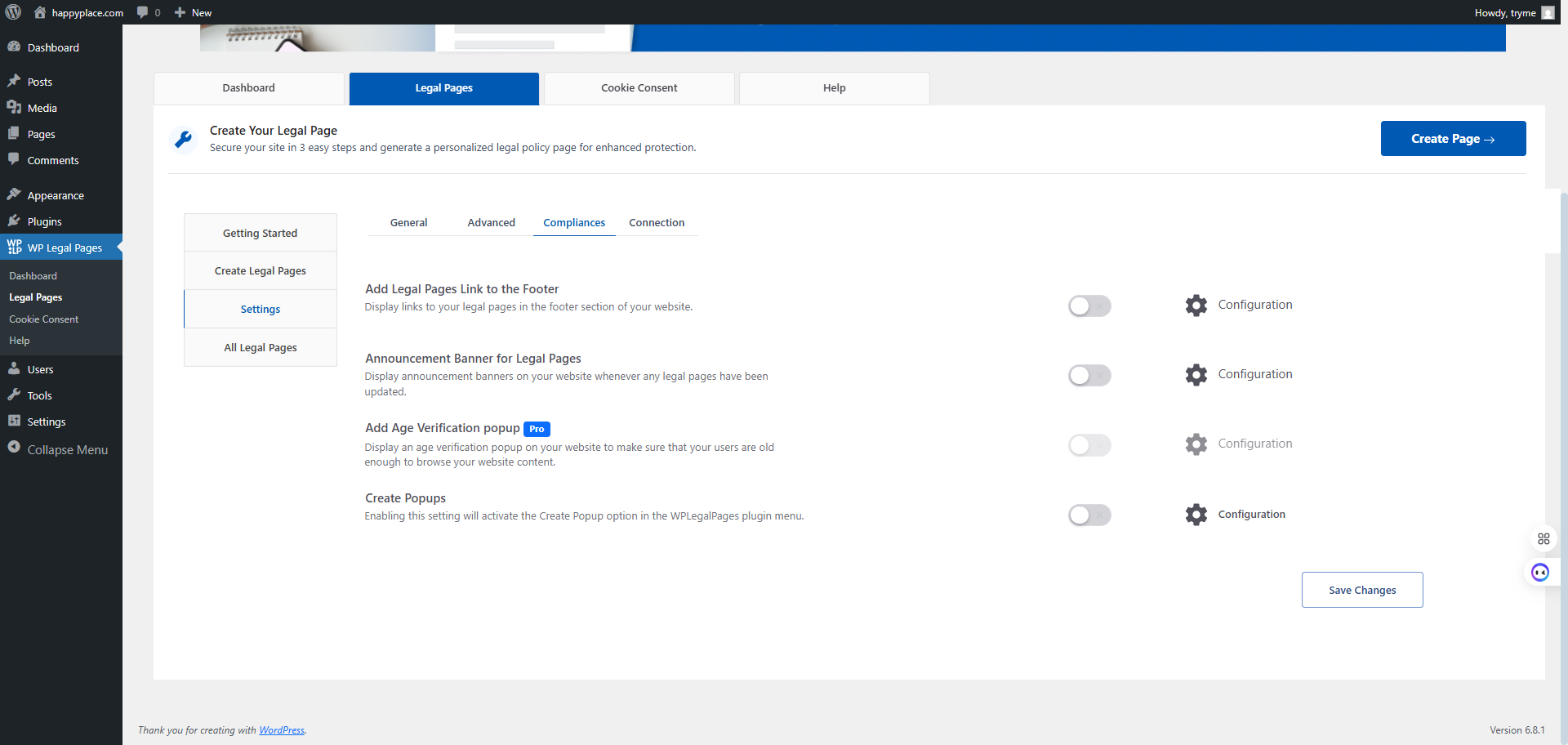 legal pages compliances settings