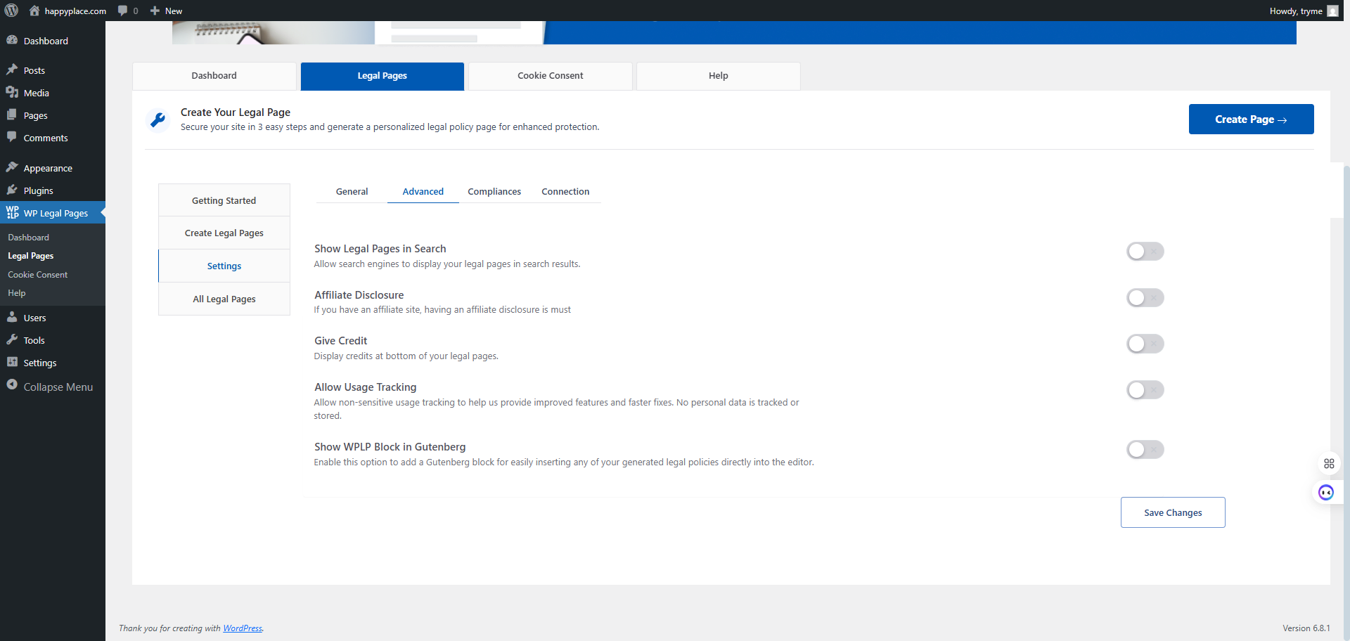 legal pages advanced settings