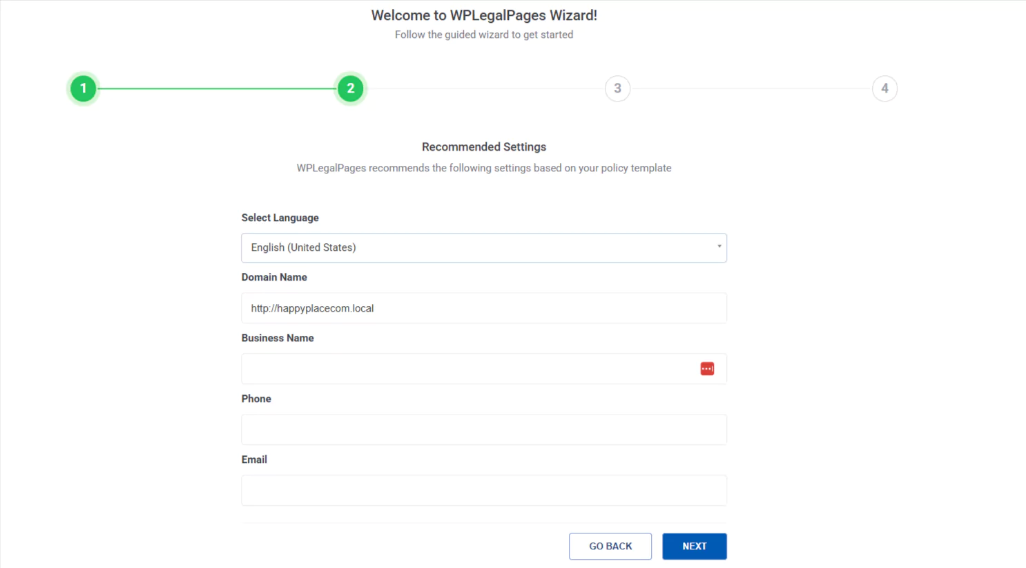 Legal pages recommended settings