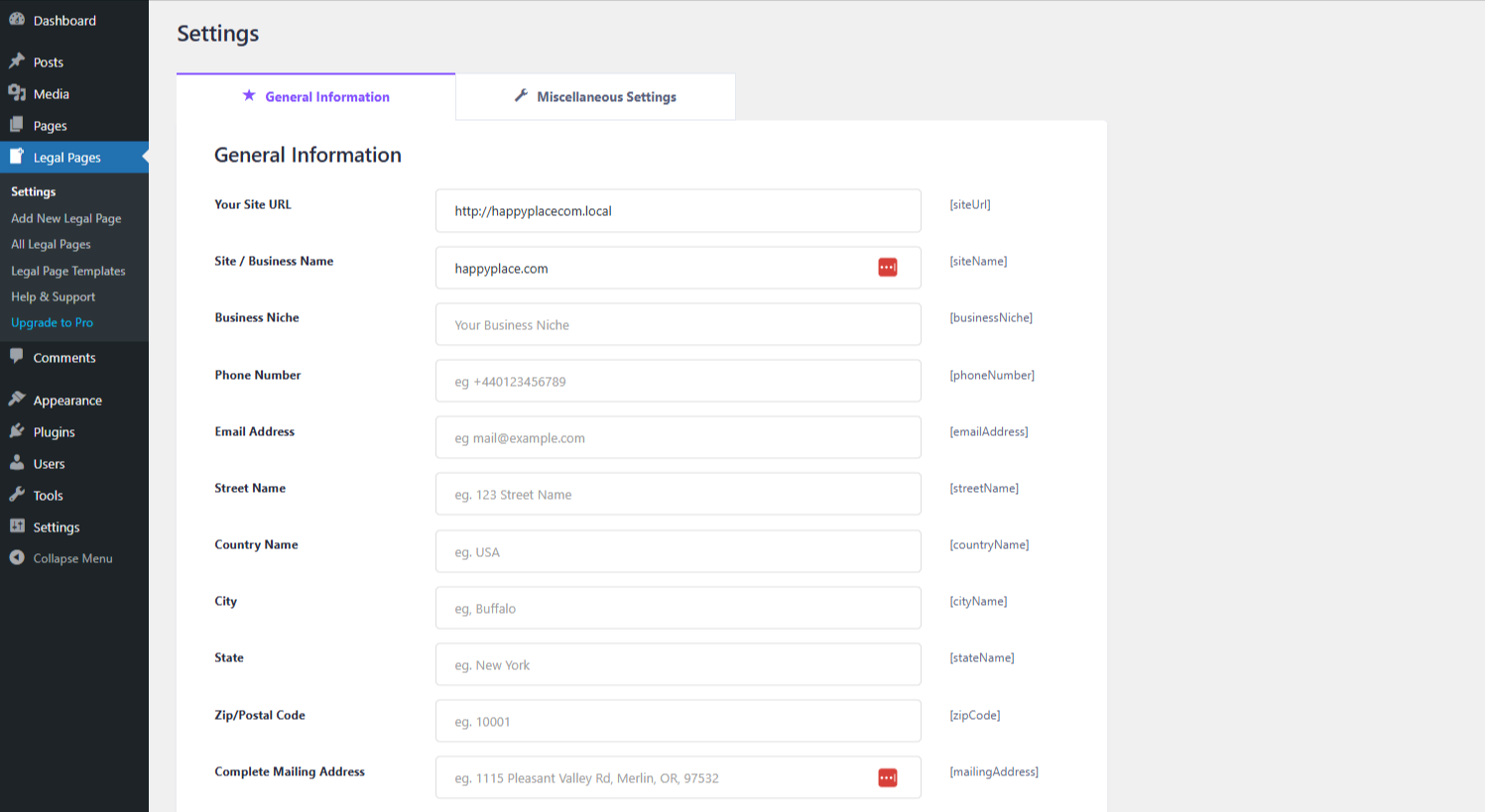 WPWax legal pages settings
