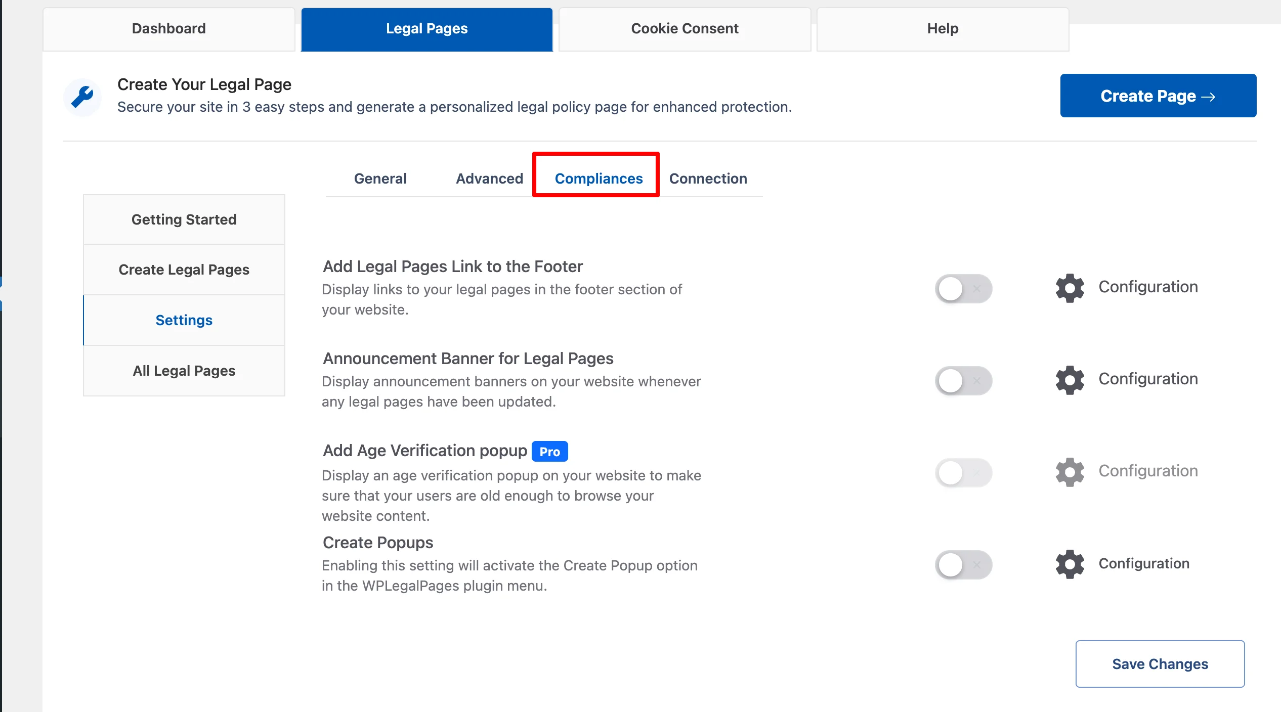Compliance Options to display legal polices.