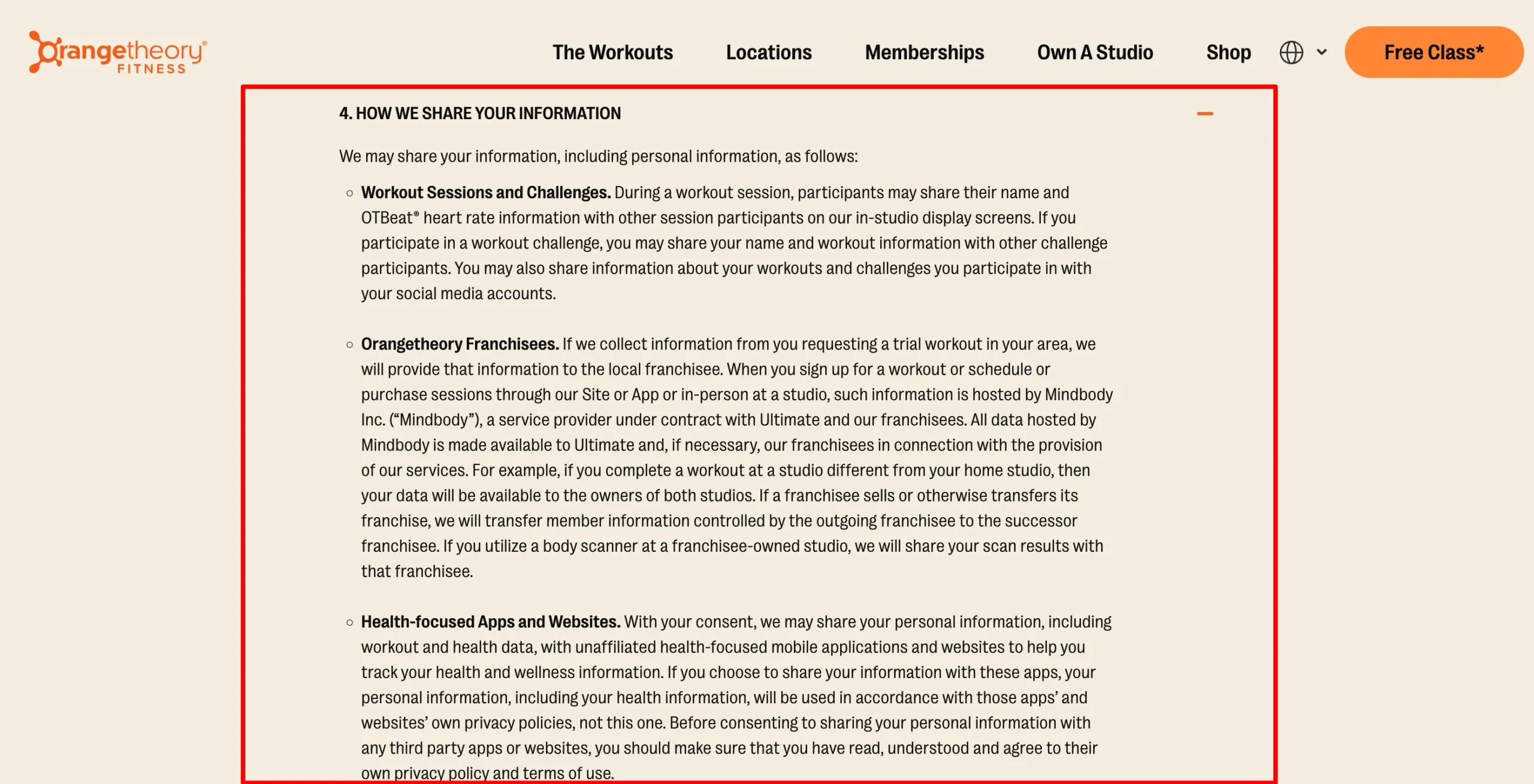 orangetheory fitness privacy policy share information clause