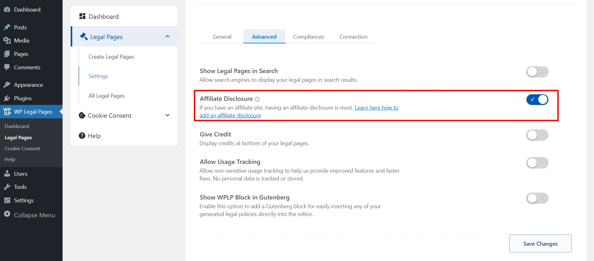 Affiliate disclousre toggle on