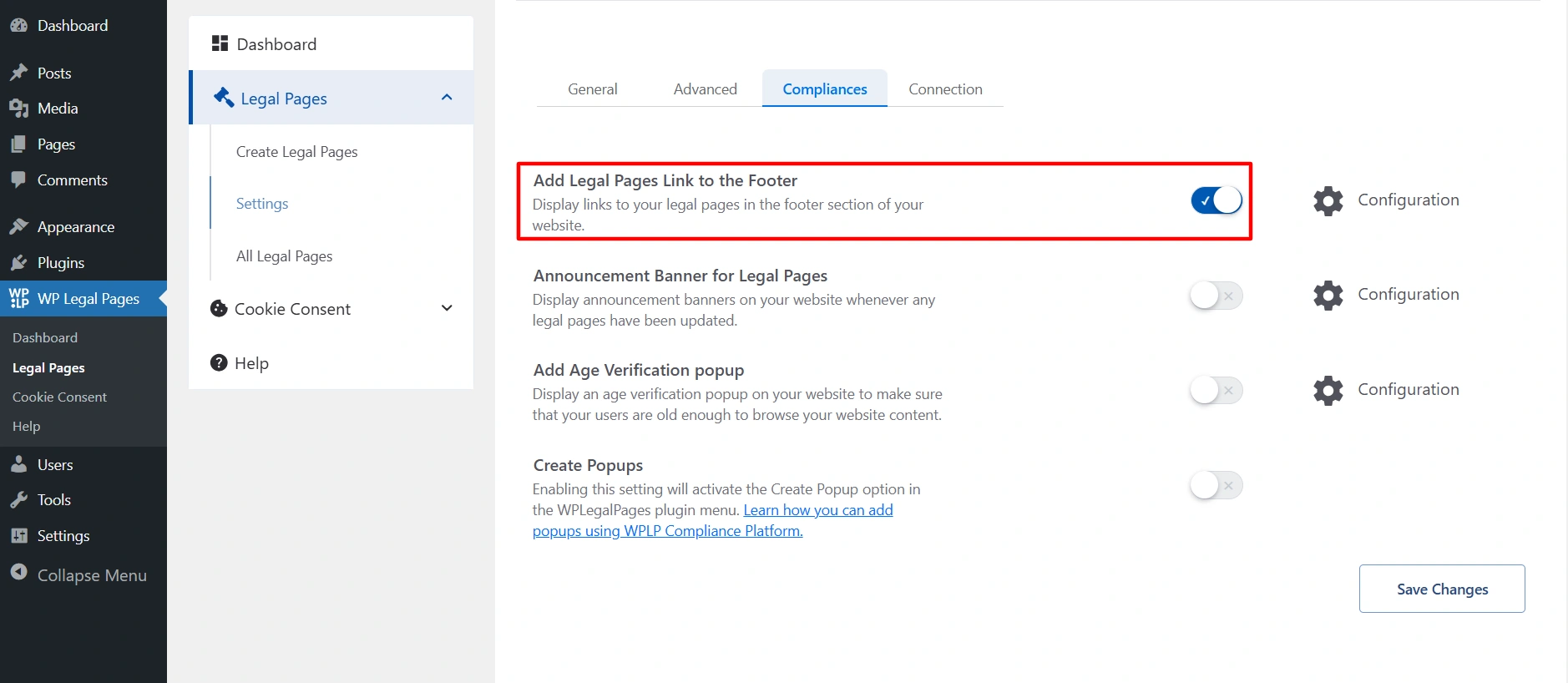 Legal pages in footer toggle on