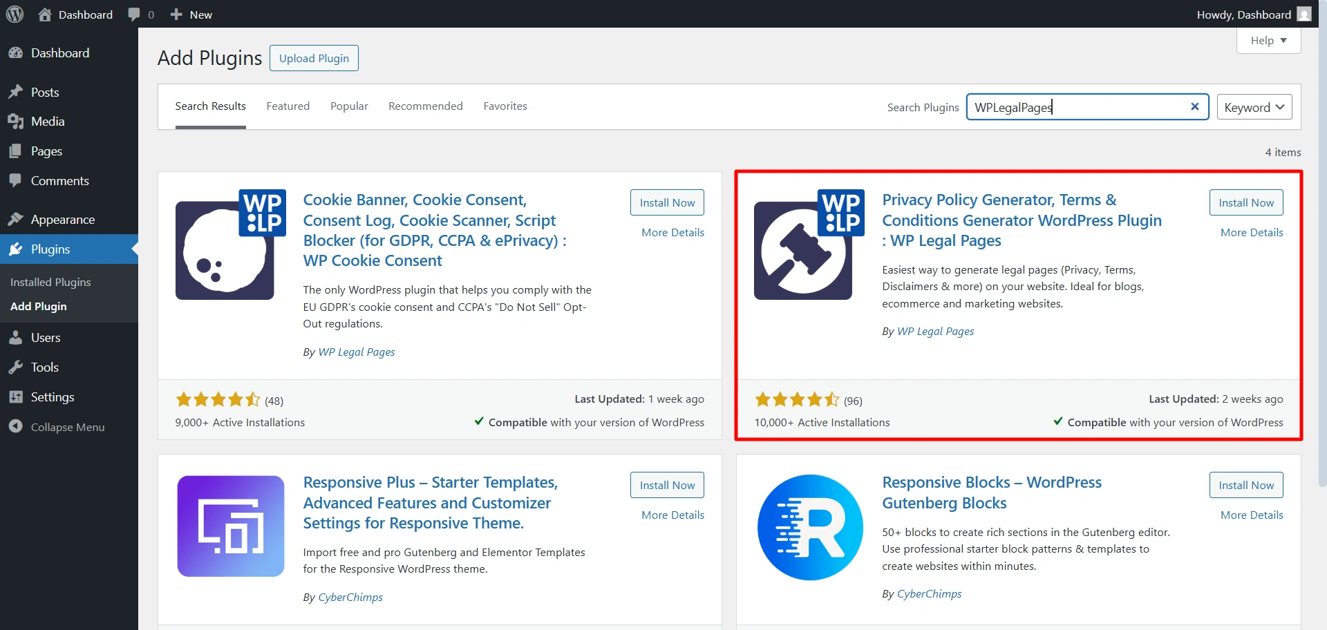 WP legal pages plugin