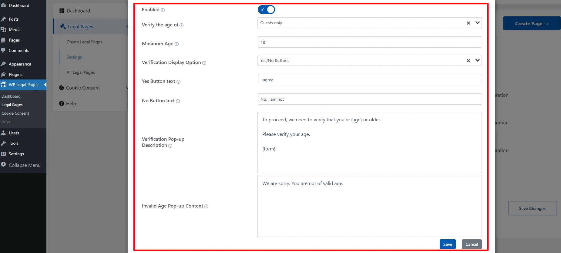 Age verification pop-up settings