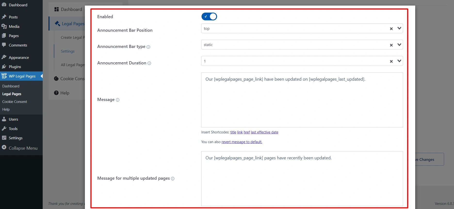 Announcement banner settings
