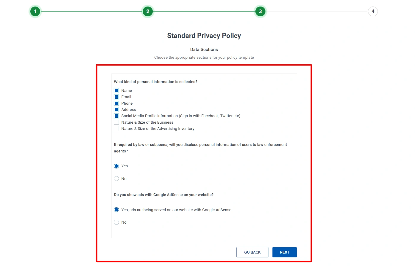 Data section for legal page