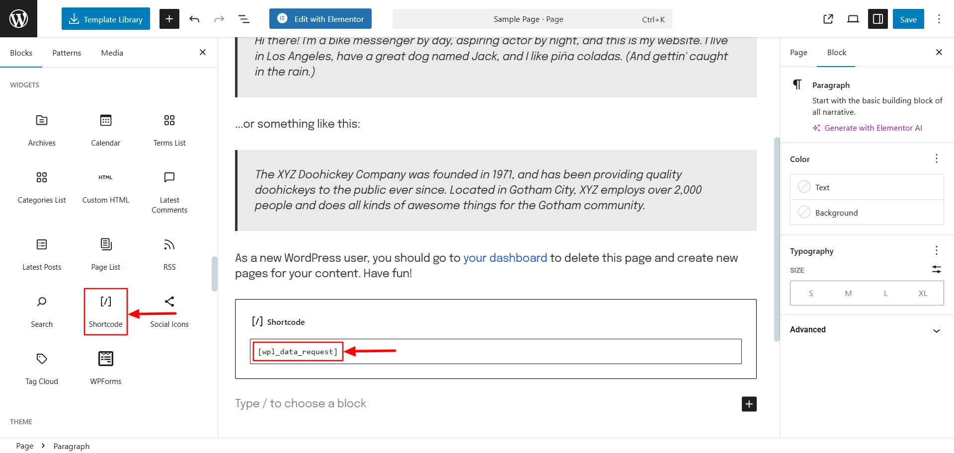 Pasting the short code in a sample page