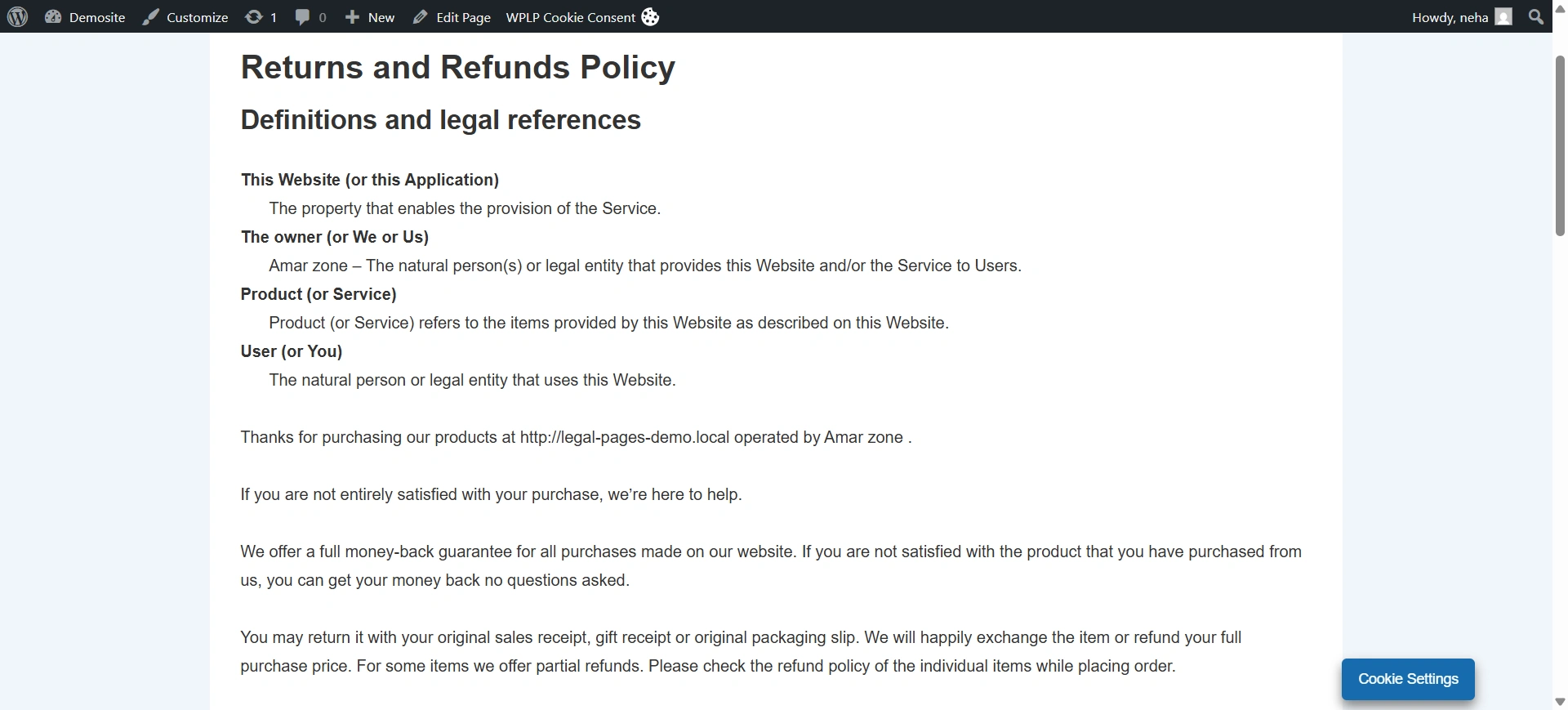 Example of Returns and Refunds Policy for a website