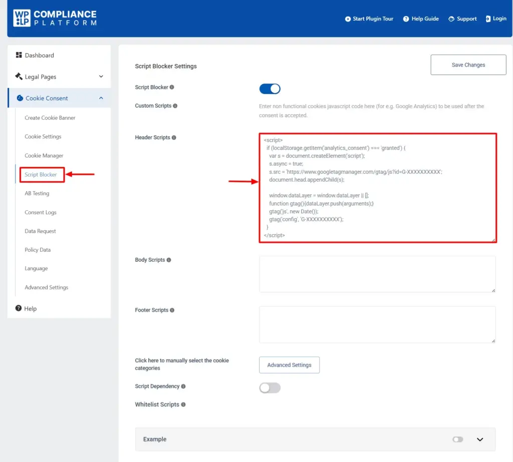 WPLP Compliance Platform Script Blocker dashboard interface